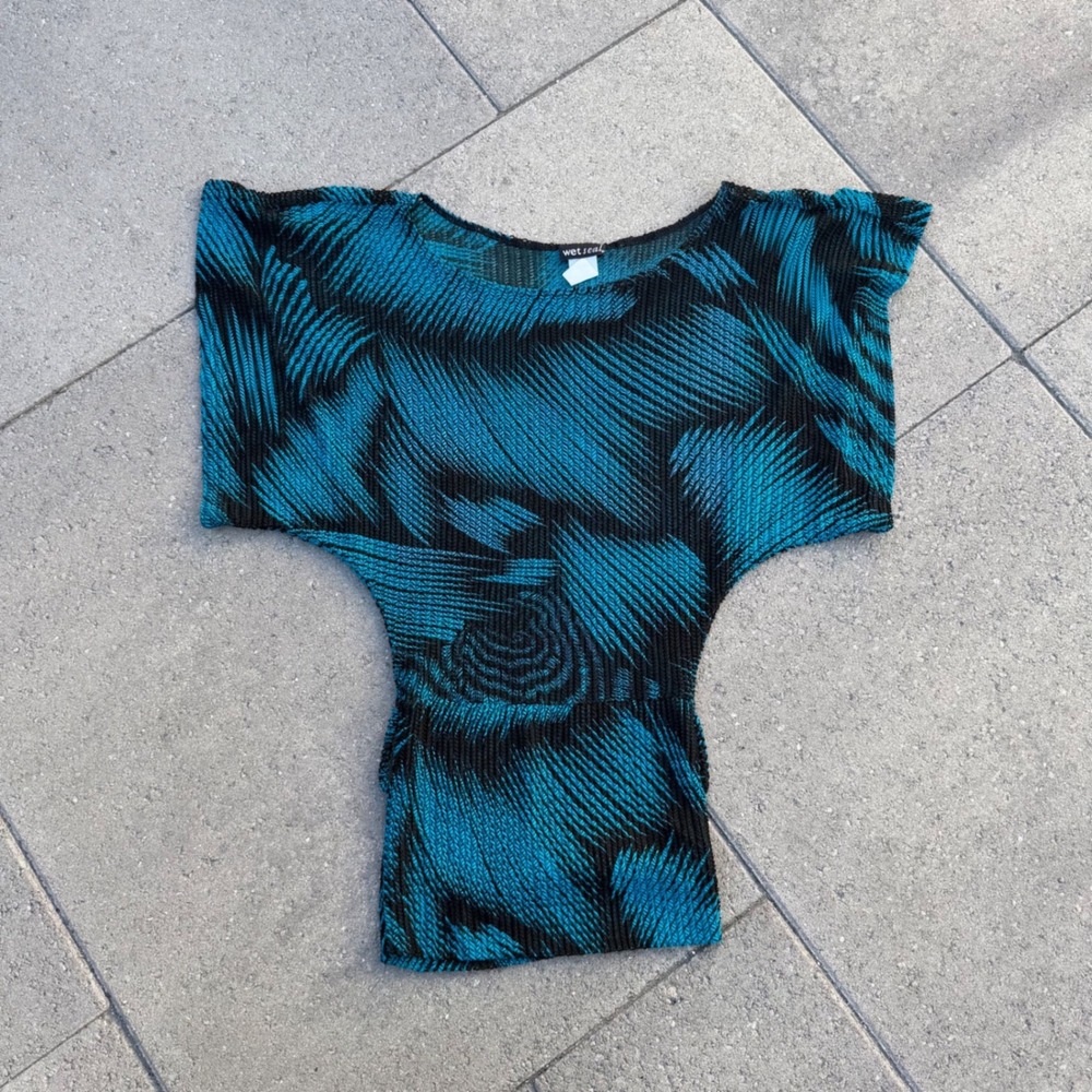 Wet Seal Teal Black Abstract Dolman Sleeve Textured Knit Top Vintage Y2K Blouse